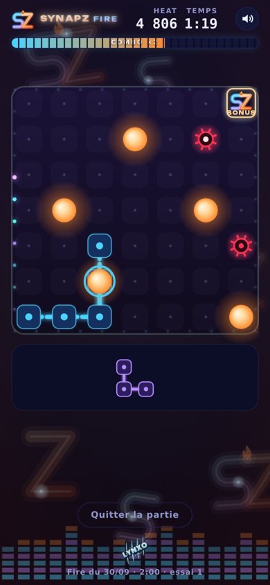 Synapz Fire gameplay: neon connections linking glowing neurons, a mine and a bonus tile